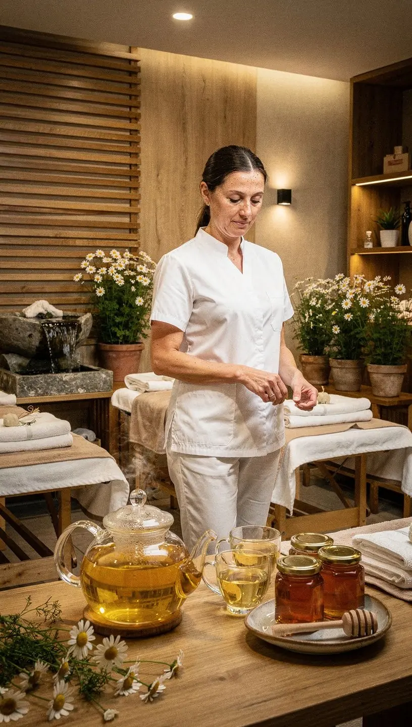 Detailný záber na sušené kvety harmančeka a medovú lyžicu