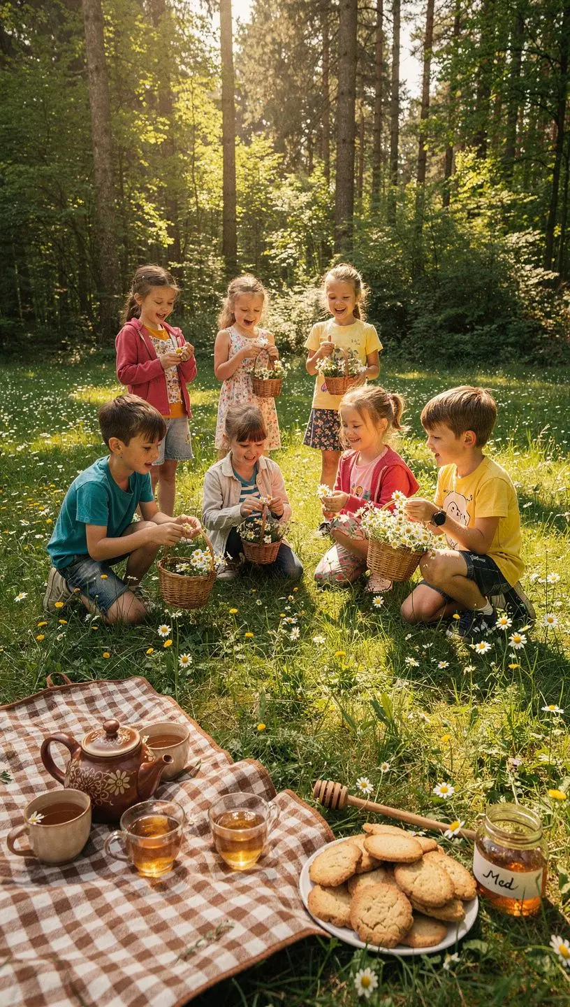 Záber na šálku harmančekového čaju s parou stúpajúcou do vzduchu