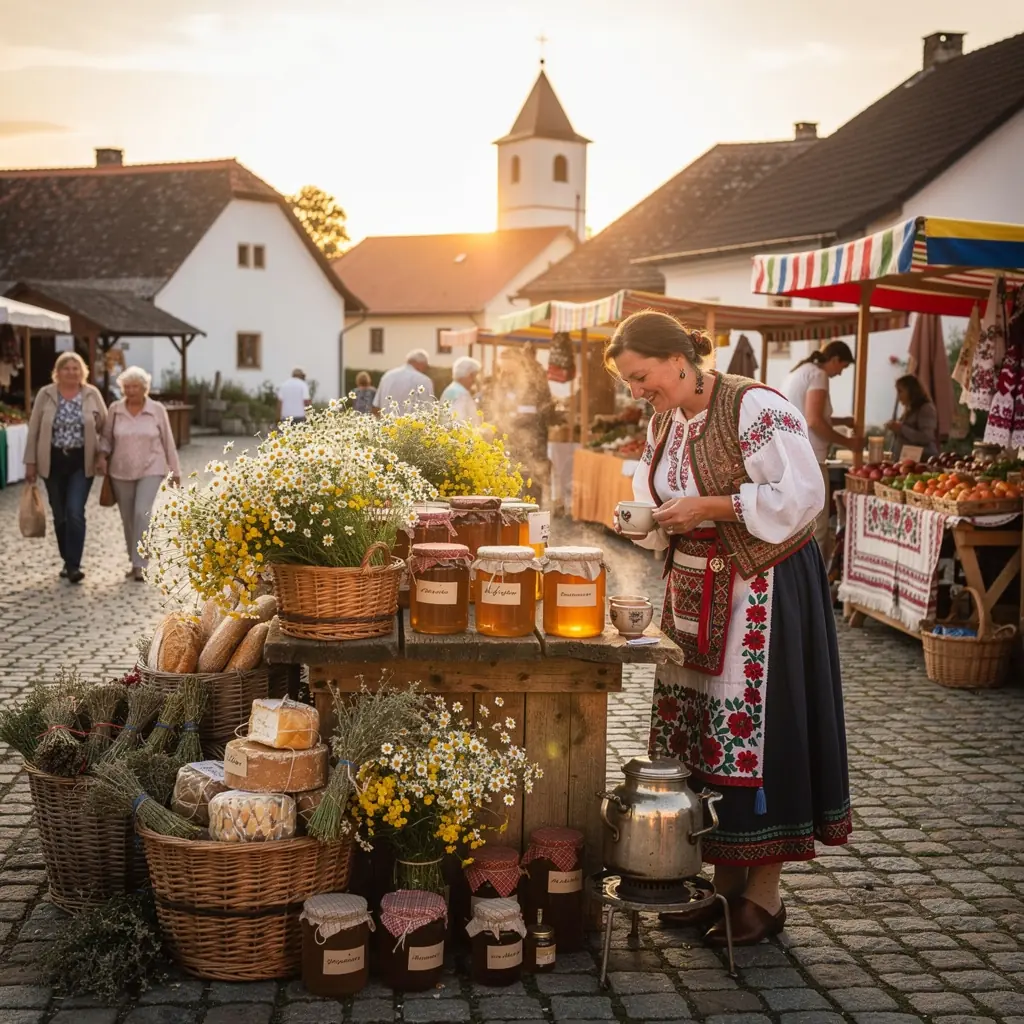Záber na parný harmančekový čaj s medom a citrónom na večernom osvetlení.